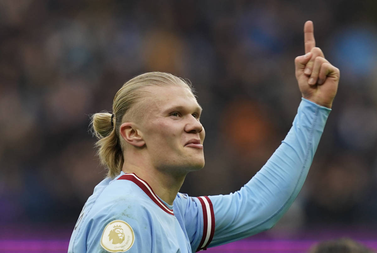 Erling Haaland pictured after scoring his 23rd Premier League goal for Manchester City in January 2023